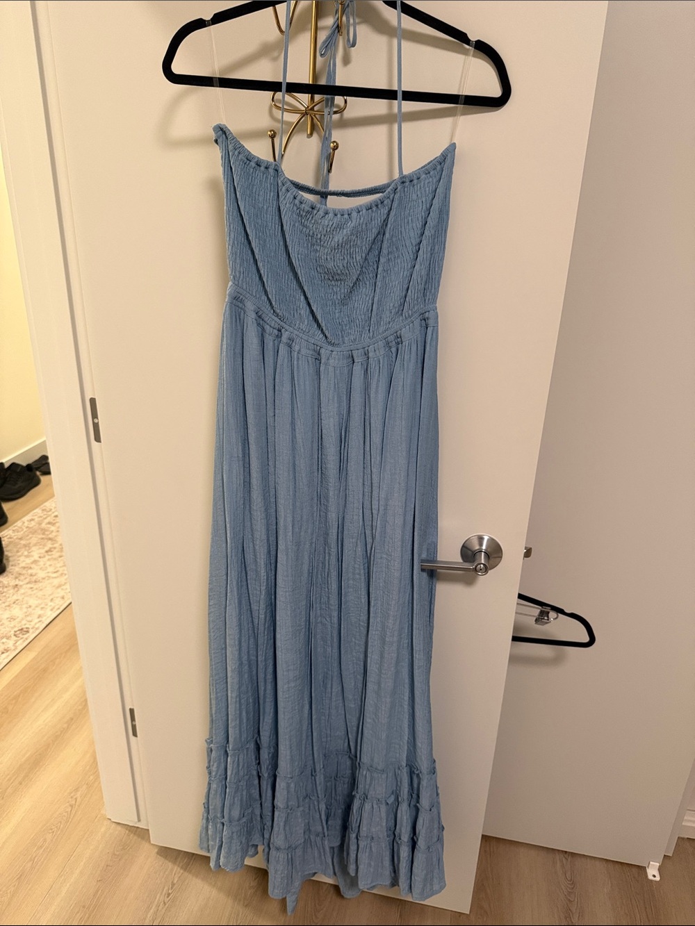 Light Blue Smocked Maxi Dress with Ruffle Hem